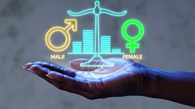 Neon gender equality scale held in hand, balancing male and female symbols, 4k high quality