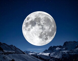 Full Moon over Snow covered Mountain Peaks at Night