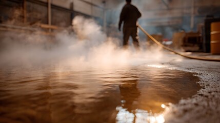 Worker sprays liquid creating steam in industrial setting with puddle on floor