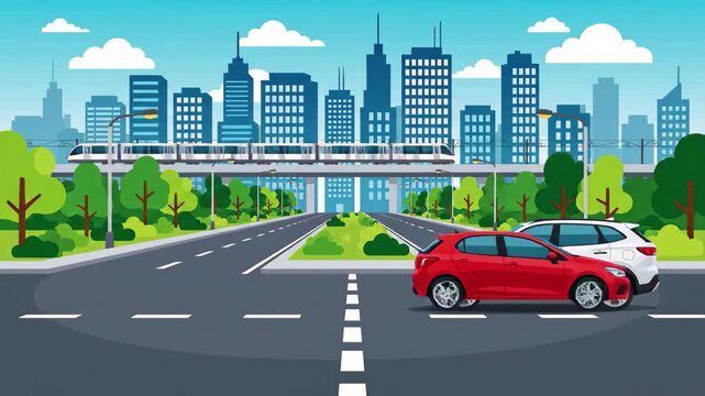 Red hatchback and white suv on city road with elevated train and skyline, 4k high quality