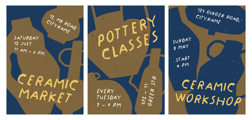 Ceramic craft, card designs set. Ceramics market, school and workshop, flyer and placard templates with lettering typography, handmade pottery pattern in modern trendy style. Flat vector illustration