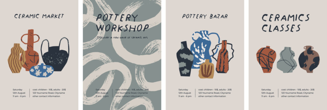 Ceramics, ad card designs set. Modern trendy style pottery, ceramic vases, earthenware, crockery on craft class poster templates, advertising placards, promotion flyers. Flat vector illustration