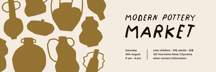 Modern pottery and ceramics craft, promotion banner design. Hand-drawn ceramic vases, handmade earthenware on trendy style ad background for market sale advertising, promo. Flat vector illustration