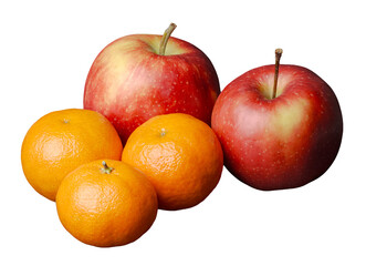 Apples, Malus, and clementines or mandarin oranges, Citrus reticulata, isolated on transparent png or white background