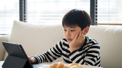 Young boy in striped shirt using a tablet on a couch