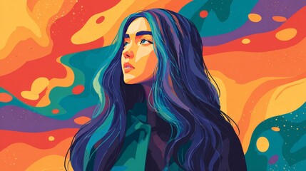 Surreal digital illustration of contemplative person with flowing blue-purple hair against vibrant abstract cosmic background