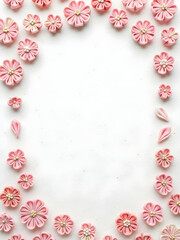 Obraz premium Delicate Pink Sakura Flowers Arranged in a Circular Frame on a White Background, Celebrating Spring