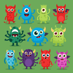 Naklejka premium Halloween monster kids party vector banner design. Halloween monster kids party text with cute and happy cartoon characters for seasonal invitation card