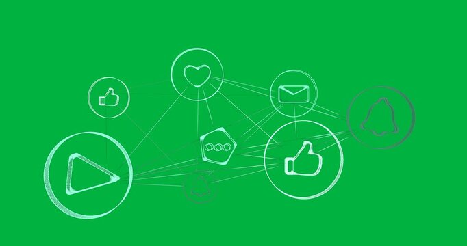 Animation of network of connections with multiple icons on a black background