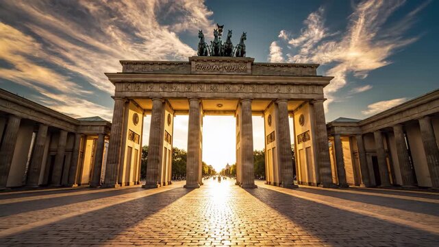 Brandenburg gate in berlin at sunset with dramatic sky and long shadows on cobblestone square, 4k high quality