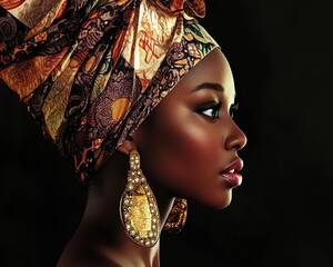 Woman wearing traditional headwrap and large ornate earring in profile. Beauty concept for fashion, culture, and elegance.