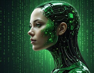 Futuristic Cyborg Woman with Glowing Green Circuits