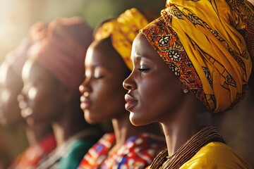 Woman with closed eyes and traditional head wrap in a line with other women. African cultural identity and spiritual connection.