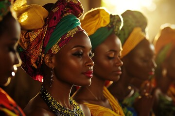 African American woman in traditional headwrap. Black woman with headscarf and beaded necklace in traditional culture concept.