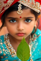 Young indonesian child in ornate traditional attire holding green leaf. Culture, innocence, and natures beauty for design element.