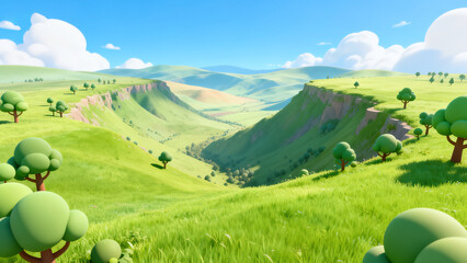 Low-Poly Green Valley 3D Cartoon Scene