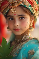 Young girl looking with traditional indian attire and vibrant jewelry. Cultural portrait for holiday and traditional events.