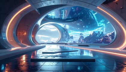 Futuristic Sci fi Interior with Earth View and Mountains
