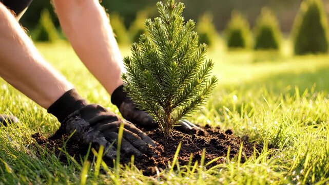 Hands in gloves planting a small evergreen sapling into the earth in a sunny grassy field, 4k high quality
