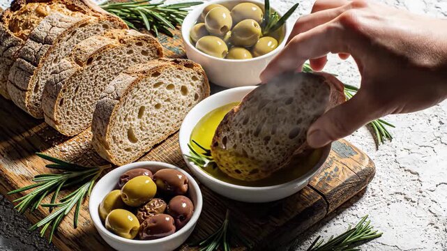 Sliced rustic bread with olive oil, green and black olives, and fresh rosemary on a wooden board, 4k high quality