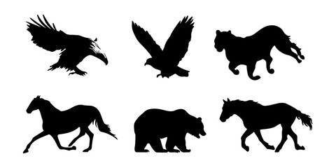 Naklejka premium Wildlife silhouettes collection: eagle, hawk, tiger, horse, bear isolated on white background, illustration