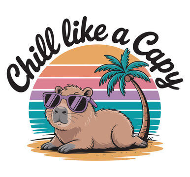 Chill like a capy retro sunset capybara wearing sunglasses summer vacation vector