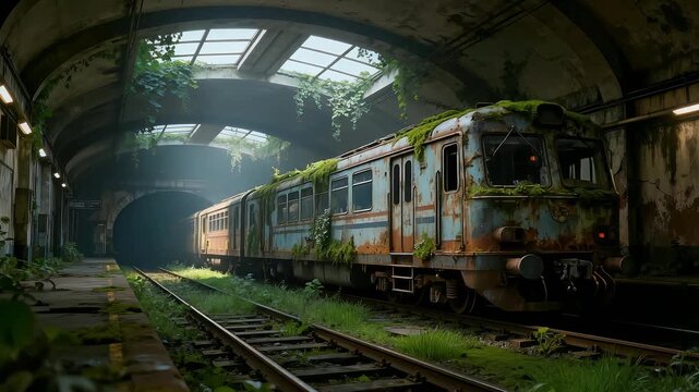 Abandoned train sits rusting in a neglected underground station with overgrown vegetation and damaged infrastructure.