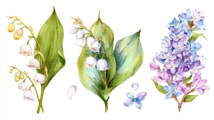Watercolor Floral Illustration with Pastel Purple, Pink, and White Flowers and Green Leaves