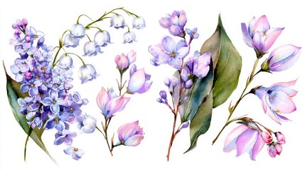 Watercolor Floral Illustration with Pastel Purple, Pink, and White Flowers and Green Leaves