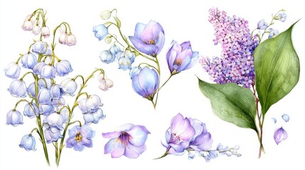 Watercolor Floral Illustration with Pastel Purple, Pink, and White Flowers and Green Leaves