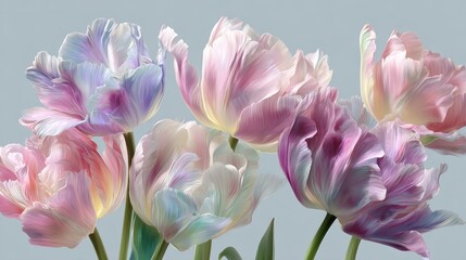 Obraz premium Pastel Colored Tulips with Ruffled Petals on Soft Blue Background