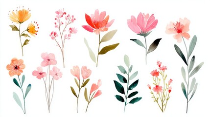 Watercolor Floral Painting with Stylized Multicolored Flowers Arranged Horizontally on White Background