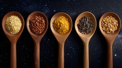 Five wooden spoons filled with various grains seeds and spices on a starry background