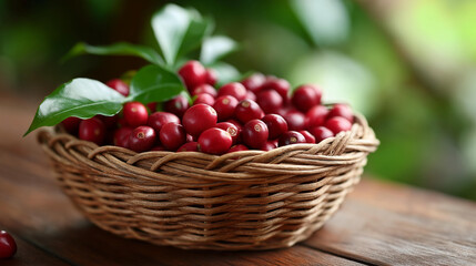 Traditional wicker basket filled with fresh coffee cherries, harvested beans collection, red ripe fruit gathered, agricultural yield container, harvest season bounty, with copy space