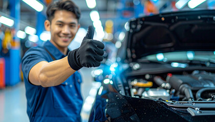 Smiling mechanic thumbs up gesture after service quality check reflected in shiny black fender, automotive workshop background, positive mood, professional uniform