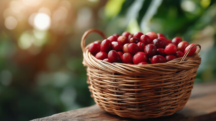 Traditional wicker basket filled with fresh coffee cherries, harvested beans collection, red ripe fruit gathered, agricultural yield container, harvest season bounty, with copy space