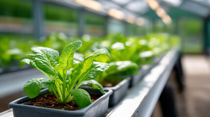 Modern greenhouse interior with hydroponic growing systems, sustainable food production, controlled environment agriculture, vertical farming innovation, with copy space
