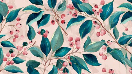 Seamless botanical pattern with green leaves and pink berries on light beige background,