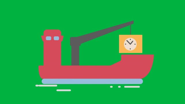 Pictogram of red ship with cargo on sea with clock