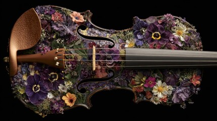 Violin Decorated with Colorful Flowers and Leaves &ndash; Artistic Botanical Composition Blending Classical Music and Nature