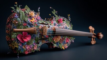Violin Decorated with Colorful Flowers and Leaves &ndash; Artistic Botanical Composition Blending Classical Music and Nature