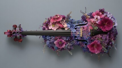Violin Decorated with Colorful Flowers and Leaves &ndash; Artistic Botanical Composition Blending Classical Music and Nature