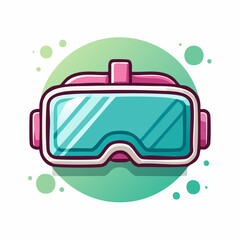 Cartoon illustration of a pink and white VR headset with a teal screen and a green circular background.