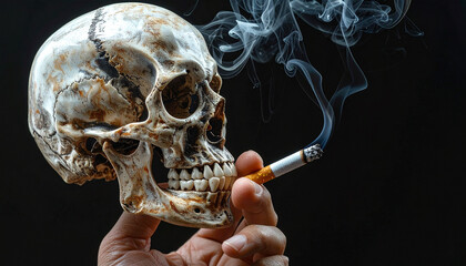 Hand holding cigarette with smoke forming skull silhouette, symbolizing danger, death, and health risk, dramatic lighting, dark background, emotional impact