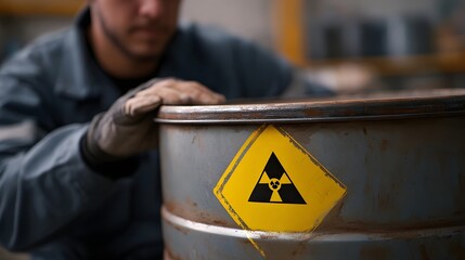 A worker wearing protective gloves touches a metal barrel with a radiation warning symbol