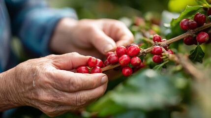 Faceless hands picking ripe red coffee cherries from branch, selective harvesting technique, manual collection process, defocused coffee tree background, with copy space