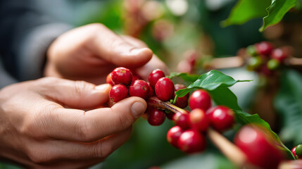 Faceless hands picking ripe red coffee cherries from branch, selective harvesting technique, manual collection process, defocused coffee tree background, with copy space