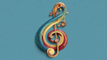 Colorful paper quilling treble clef symbol with elegant spirals and layered strips on teal background representing music and creative craftsmanship