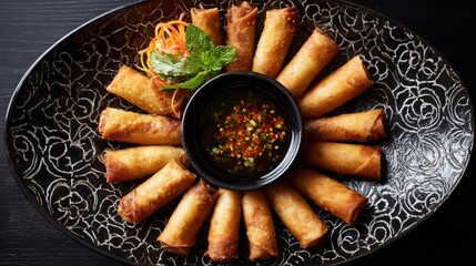 Appetizing Golden-Brown Spring Rolls Arranged Around Bowl of Spicy Dipping Sauce with Herbs and Garnishes on Decorative Platter