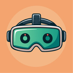 Cartoon illustration of a green and white virtual reality headset with a dark gray strap on an orange background.